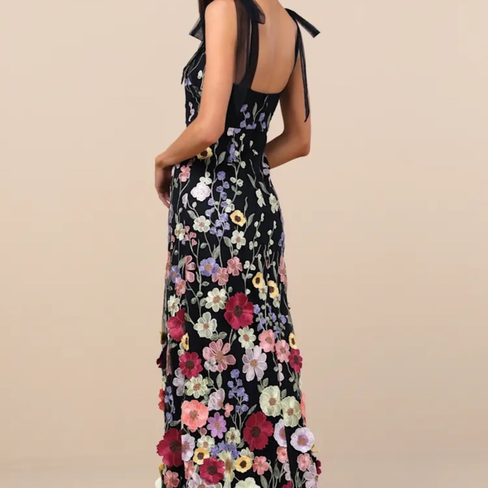 Lulus Thriving Poise Black 3D Floral Embroidered Tie-Strap Maxi Dress